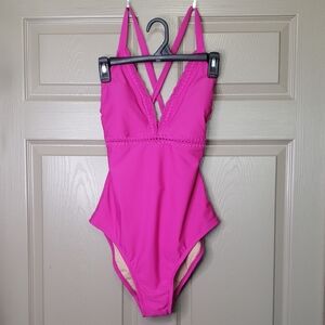NWT Kona Sol Hot Pink One-Piece Crochet Detail Swimsuit Size Large 12-14